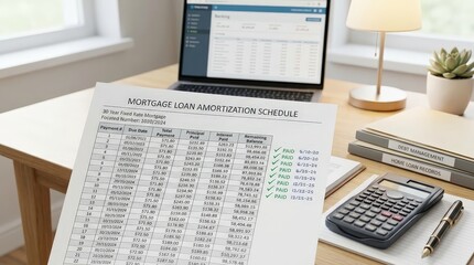 Obraz premium Laptop displays mortgage loan comparison data beside financial documents on a home office desk, mortgage planning, home financing, interest rates, loan analysis.