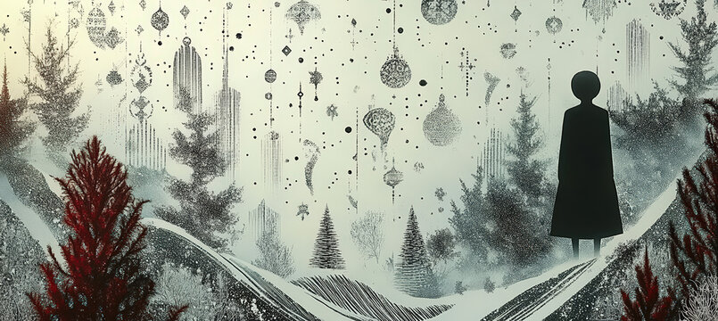 Mysterious Hooded Figure Walking Through Enchanted Snowy Forest, Pine Trees, Floating Shapes and Dark Fantasy Winter Atmosphere