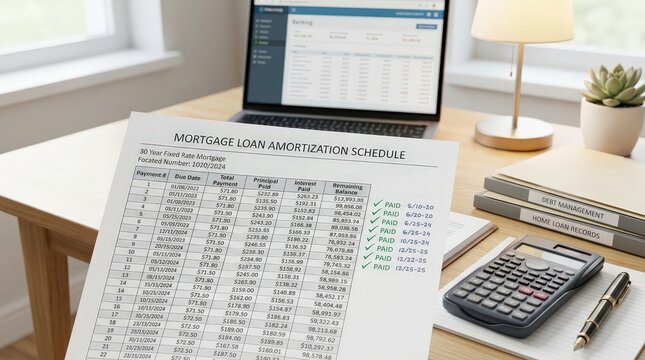 Laptop displays mortgage loan comparison data beside financial documents on a home office desk, mortgage planning, home financing, interest rates, loan analysis.