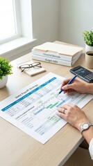 Obraz premium Person reviews financial charts and budget documents with a laptop and calculator at home, personal finance, investment analysis, expense planning, money management.