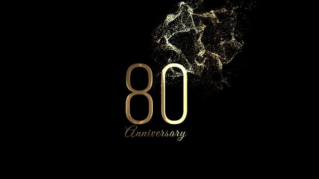 Golden banner with 80th anniversary greetings, gold particles, transparent background
