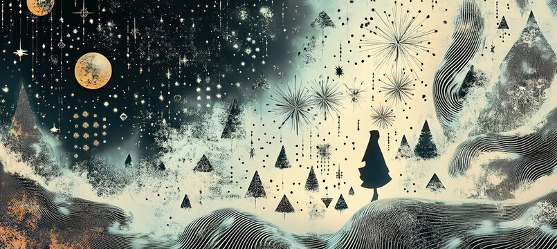 Mystical Night Forest with Glowing Moon, Snow Covered Pine Trees, Floating Geometric Shapes and Dark Dreamlike Fantasy Landscape