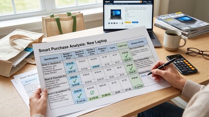 Obraz premium Home office expense comparison worksheet with laptop and calculator, household cost analysis, monthly budgeting, personal finance, expense management, financial planning.