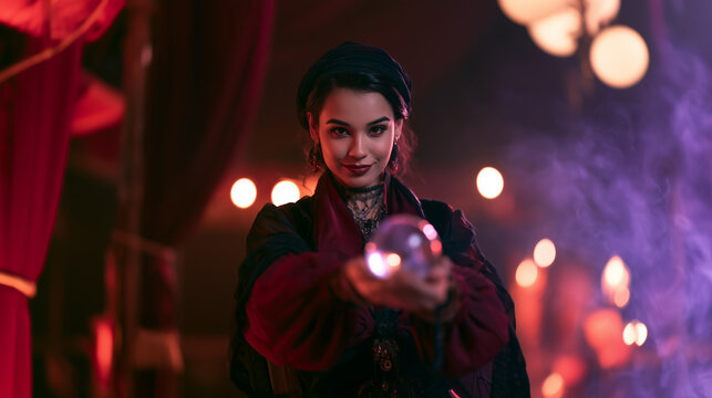 Fortune Teller Woman Holding Crystal Ball in Mystical Halloween Costume with Red and Purple Lighting, Smoke and Glowing Bokeh. 