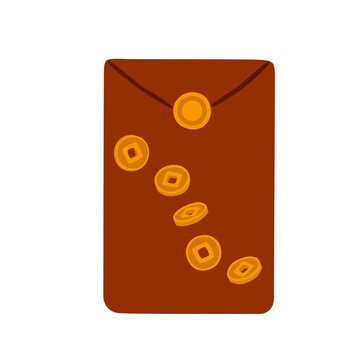 Flat vector illustration of a Chinese red envelope decorated with traditional gold coins, symbolizing wealth, fortune and prosperity for Lunar New Year celebrations.