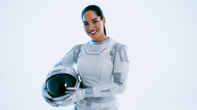 Woman in a white astronaut costume holding a black visor helmet against a clean white background, futuristic Halloween and carnival character for space exploration themes. 