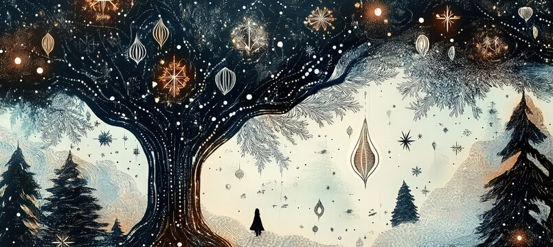 Giant Enchanted Tree Under Starry Night Sky with Glowing Orbs, Snowy Mountains, Lone Figure and Mystical Fantasy Atmosphere