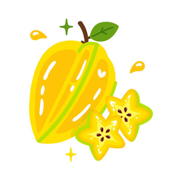 Hand drawn refreshing starfruit illustration on white background for summer and vacation themes