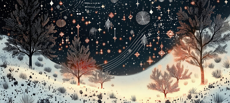 Dark Enchanted Winter Forest with Glowing Orange Lights, Red Autumn Trees, Snow Covered Ground and Mysterious Storybook Landscape
