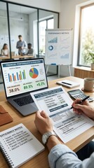 Obraz premium Laptop displays a savings rate calculator beside financial planning documents in an office, personal savings, financial analysis, money management, savings strategy.