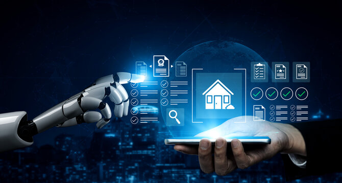 A robotic hand interacts with a human holding a smartphone displaying a smart home interface, illustrating the blend of technology and daily life in a digital environment. Gantry