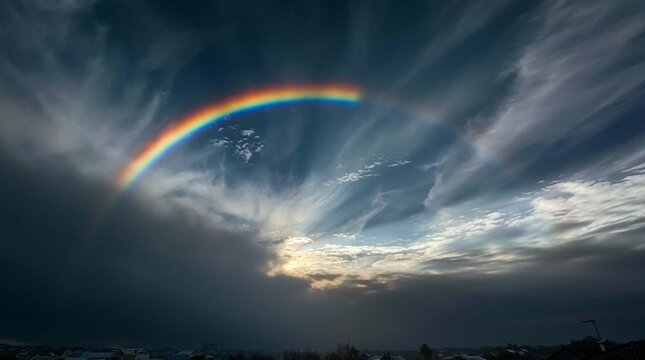 Surreal photorealistic square-shaped rainbow appearing across a vast landscape, with vivid spectral colors, soft atmospheric haze and natural light creating an unusual yet visually believable phenomen