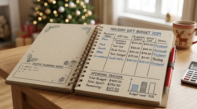 Holiday gift budget and spending tracker notebooks arranged beside a laptop and calculator, Christmas budgeting, seasonal expenses, financial planning, holiday shopping.