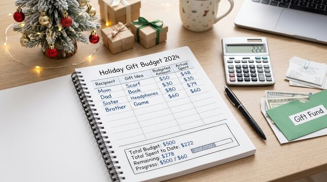 Holiday gift budget and spending tracker notebooks arranged beside a laptop and calculator, Christmas budgeting, seasonal expenses, financial planning, holiday shopping.