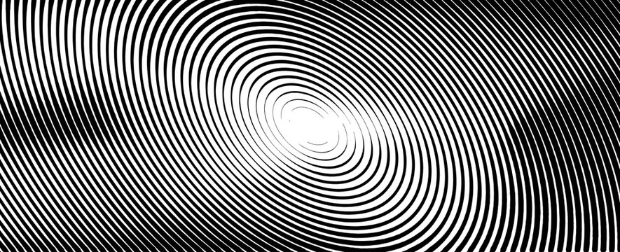 Halftone-style dotted speed lines. An abstract geometric circle with radiating, swirling lines. Design elements for logos, prints, templates, and posters.