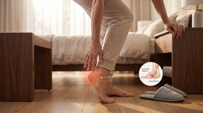 Plantar fasciitis and heel pain in woman, foot anatomy medical concept