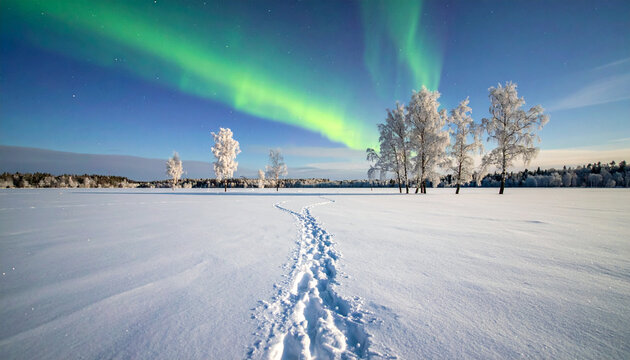 Aurora borealis over snow-covered landscape with trees