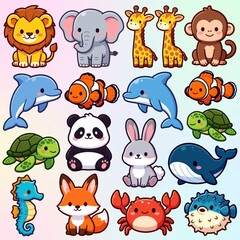 Naklejka premium Cute cartoon animals collection featuring lion elephant giraffe monkey dolphin clownfish panda turtle rabbit whale fox crab seahorse pufferfish. Perfect for kids decor.