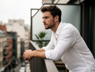 Fototapeta premium Pensive young man in white linen shirt leans on balcony railing. Handsome male with beard looks away, thinking in urban city environment. Thoughtful person spends time alone on terrace, enjoying