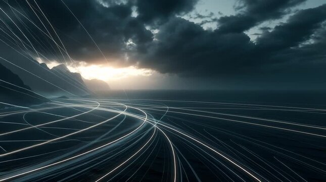Surreal photorealistic landscape where invisible gravitational forces appear as glowing geometric lines gently curving mountains, oceans and clouds, visualizing the hidden forces shaping the natural w
