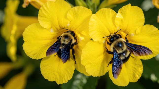 Two carpenter bees feed on bright yellow flowers. Macro shot shows insects collecting nectar and pollen. Busy pollinators work on flora in garden.