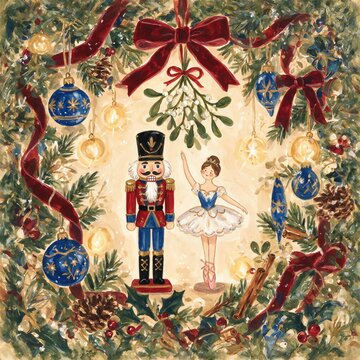Nutcracker and Ballerina in Christmas Wreath