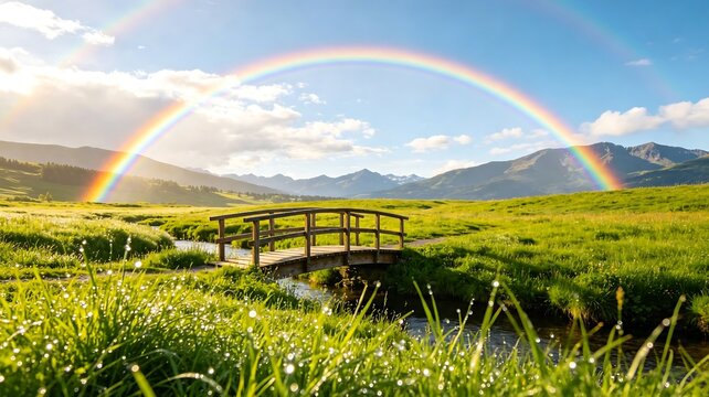 Double rainbow arches over wooden footbridge in lush green valley with rolling hills and blue sky