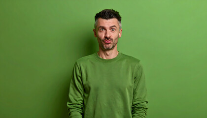 Fototapeta premium Mature man stands making silly faces wearing forest green sweater for outdoor brand advertising generative AI