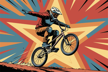Fototapeta premium BMX bicycle rider performing a spectacular jump stunt in front of a colorful explosive retro starburst background.