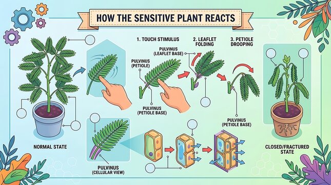 Educational infographic showing how a sensitive plant reacts to touch