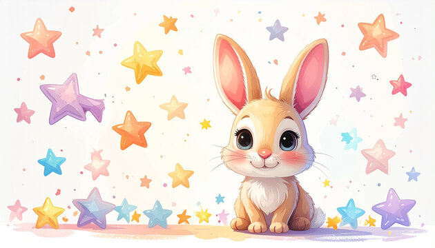 Cute cartoon bunny surrounded by colorful stars