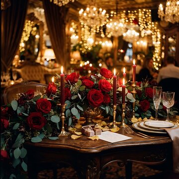 Elegant dining table setting with red roses candles place settings for a romantic occasion floral arrangement