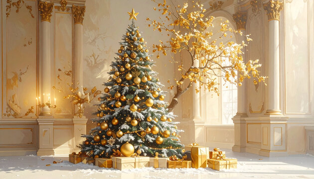 Elegant Christmas Tree with Golden Ornaments and Gifts