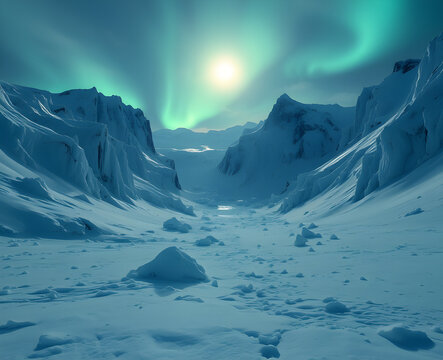 Aurore bor&eacute;ale verte dansant dans le ciel nocturne au-dessus de montagnes enneig&eacute;es antarctiques, cr&eacute;ant un spectacle naturel magique et rare typique des r&eacute;gions polaires durant les nuits d'hiver.