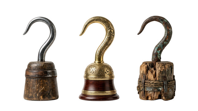 Three different pirate hooks isolated on transparent background