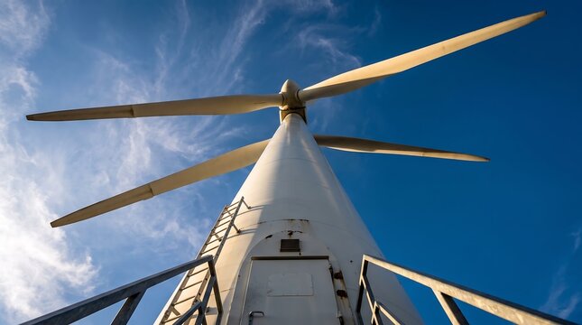 Close-up low angle view of a large wind turbine against a bright blue sky with white clouds wind energy renewable energy power generation eco friendly vertical axis horizontal axis climate chan