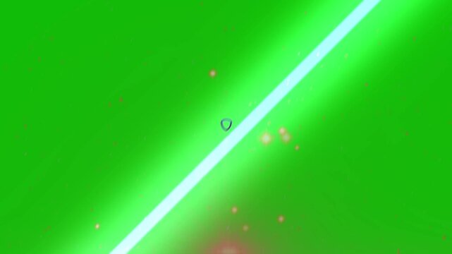 Diagonal white laser beam cuts across a bright green screen background, featuring a small black tracking loop icon in the center and bokeh sparks.