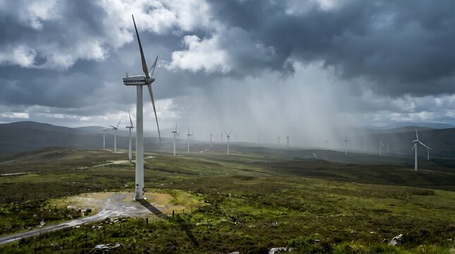 Wind turbines on a grassy hill under stormy overcast sky wind farm renewable energy power generation sustainable energy green energy sector alternative energy bad weather energy produ