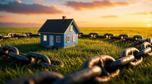 Small blue house sits on green grass field surrounded by heavy metal chains. Large steel links encircle residential building under golden sunset sky. Concept of real estate security, mortgage debt,