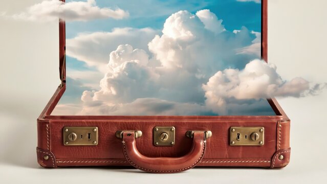 Surreal vintage leather suitcase with fluffy white clouds inside, conceptual travel and freedom imagery, dreamlike sky in an open antique briefcase