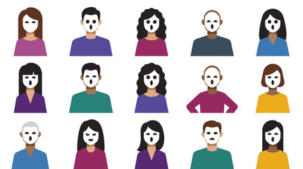 Obraz premium Halloween Surprised People, Shocked Faces, Amazed Emotions, Cartoon Avatars, Flat Vector Set, Diverse Characters, Expressive Crowd, User Profile Icons isolated on White Background Halloween
