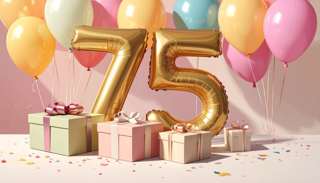 Golden 75th Birthday Celebration Balloons and Gifts