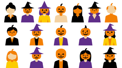 Obraz premium Halloween Halloween avatars with pumpkin heads. Collection of spooky and funny character icons. Costume party vector illustrations with witch hats and jack o lanterns. isolated on White