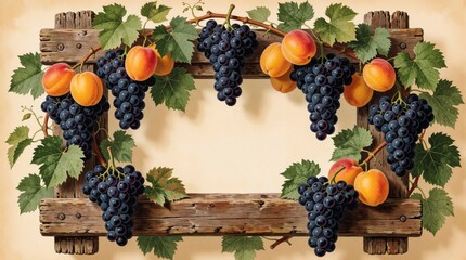Naklejka premium Wooden rustic frame with ripe grapes and apricots. Fresh fruit and leaves create natural border. Harvest illustration for country design, food, or farm themes.