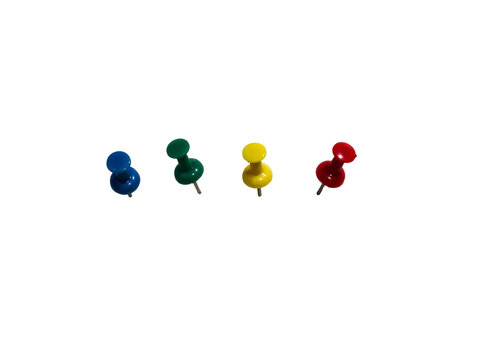 High angle view of colorful plastic thumbtacks blue green yellow red isolated on transparent background