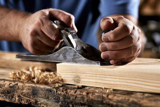 Hands expertly use a hand plane to smooth a wooden board on a rustic workbench. This image represents traditional woodworking and skilled craftsmanship.