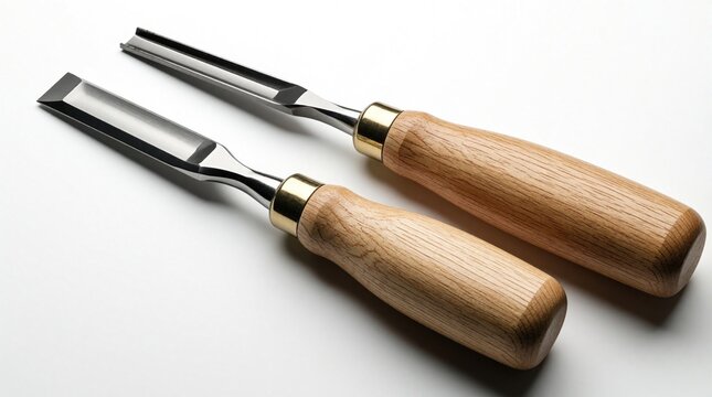 Two sharp wood carving chisels with polished metal blades and smooth wooden handles rest on a clean white background. These hand tools are essential for detailed woodworking and crafts.