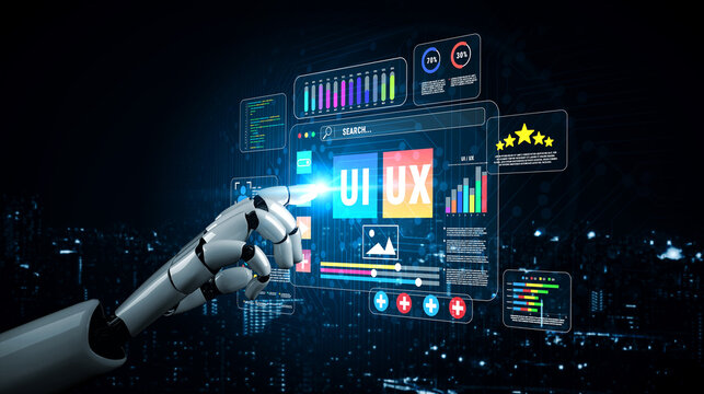 Futuristic User Interface Design with Robotic Hand Interacting with Digital Display in Urban Environment for Technology and Innovation Themes Quark.