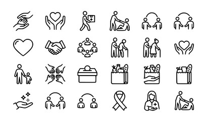Obraz premium Human Care Social Help and Charity Outline Icons Set