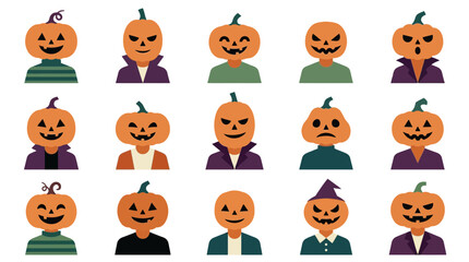 Fototapeta premium Halloween pumpkin character set. Orange jack o lantern avatars with costumes. Flat vector icons for design, spooky holiday, and autumn occasions isolated on White Background Helloween